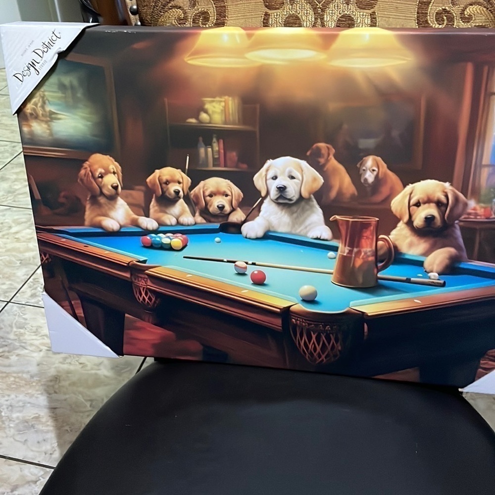 Designer District Studios New Giclee Print artwork of puppies playing pool